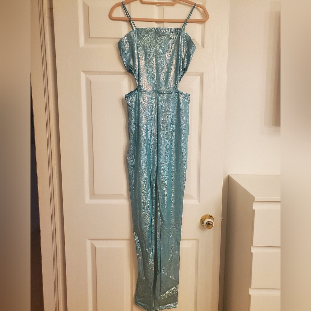 Shimmering Teal Blue Metallic Stretch Jumpsuit